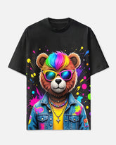 Big Men's Street Fashion Splash Ink Cartoon Sunglass Bear Printed Short Sleeve T-shirt